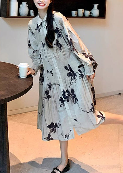 Style Lantern Dresses Chinese Collar Wrinkled Button Print Long FashionChic