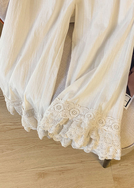 Summer Straight Lace Pants Beige Unique Patchwork Waist Elastic FashionChic