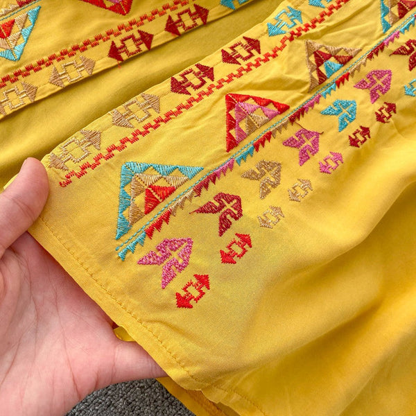 Ethnic Yellow V-Neck Embroidery Drawstring Waist Trumpet Sleeve Dress AR1008 shopify