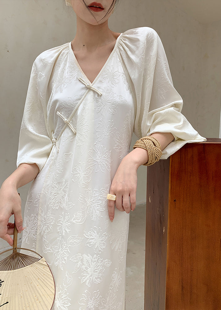 New Long Jacquard Beige Spring Neck Silk Oriental Dress Button V FashionChic