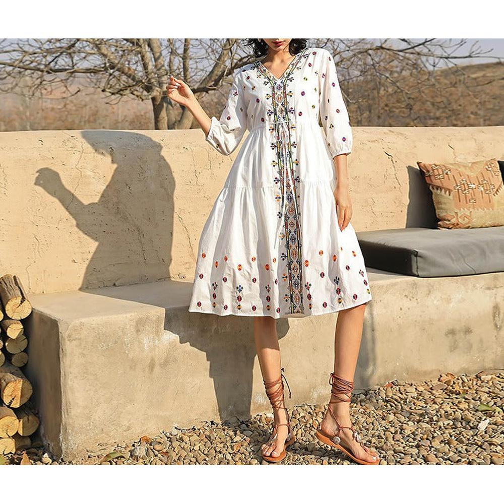 Boho White V-neck Floral Embroidery Lace-up Three-quarter Sleeves Dress AR1020 shopify