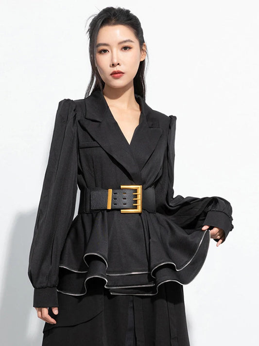 Women's Black Notched Lapel Pu Belted Ruffle Hem Long Sleeve Blazer TW024 ABC