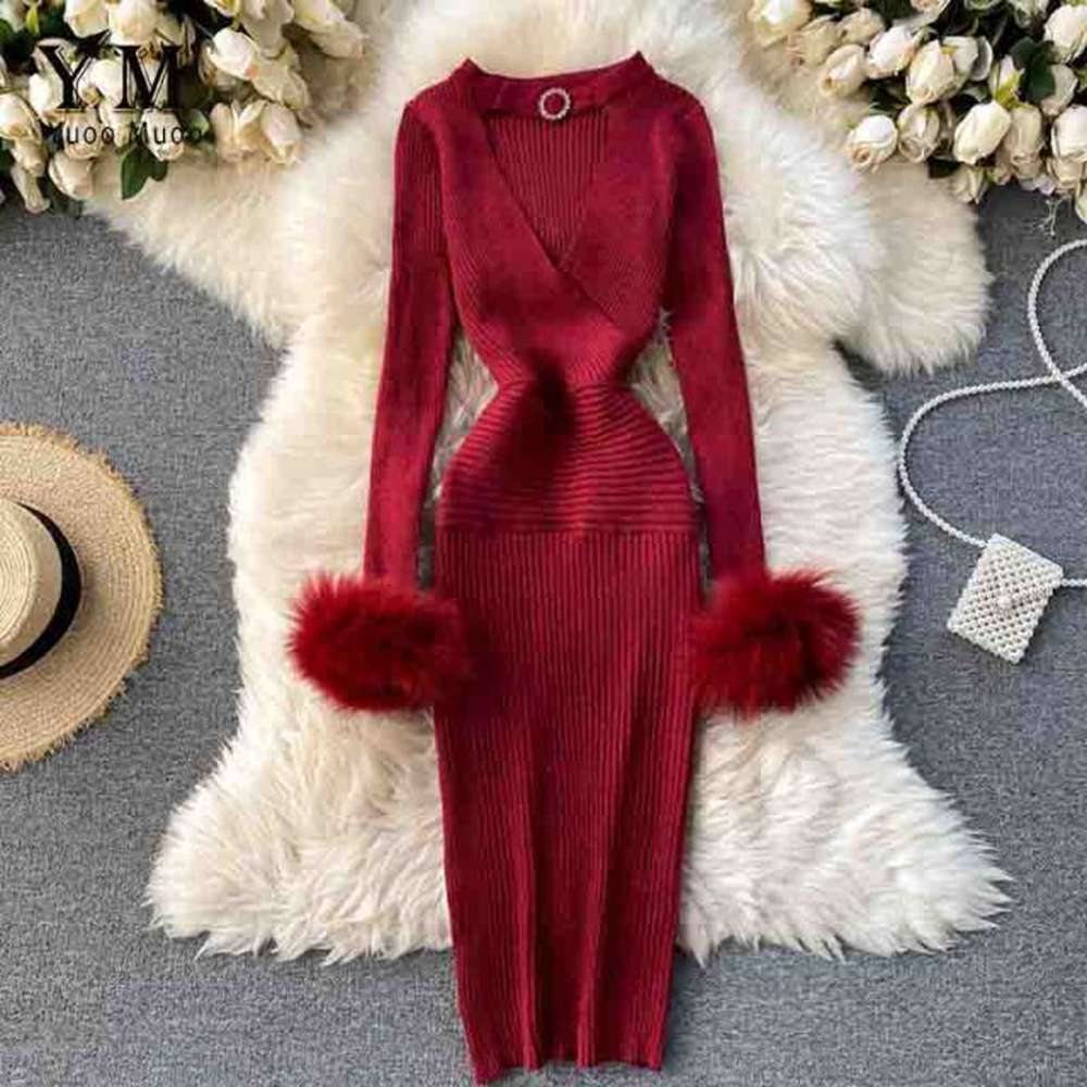 Modern Purple V-neck Hollow Out Halter Long Sleeve With Fur Knit Dress AR1009 shopify