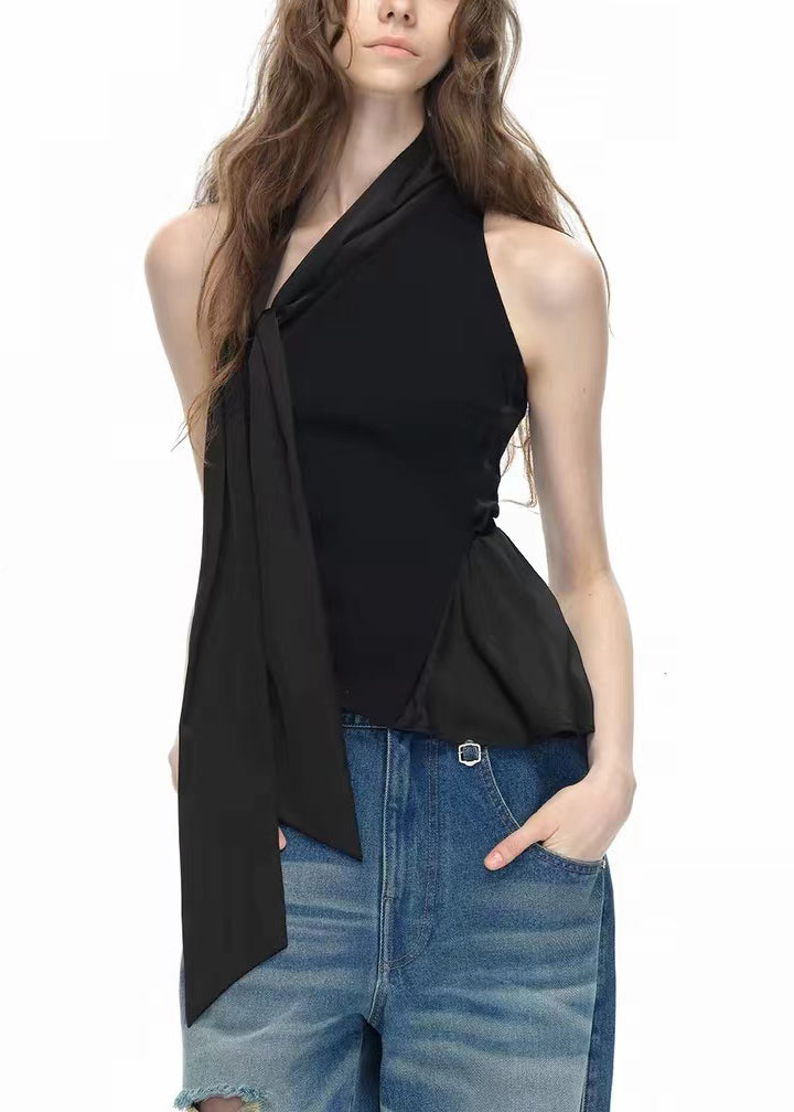 Stylish Black One Shoulder Bow Patchwork Cotton Blouse Tops Sleeveless EE002 shopify