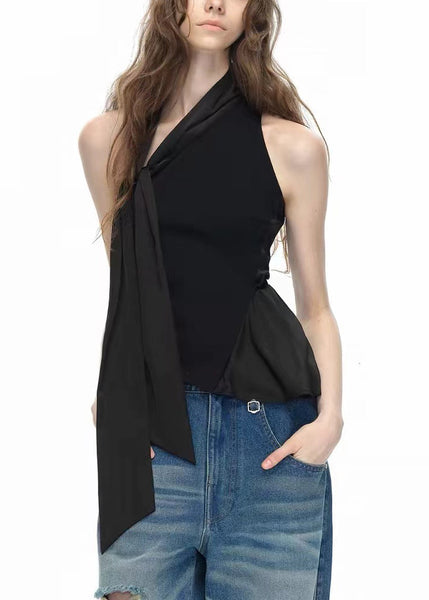 Stylish Black One Shoulder Bow Patchwork Cotton Blouse Tops Sleeveless EE002 shopify