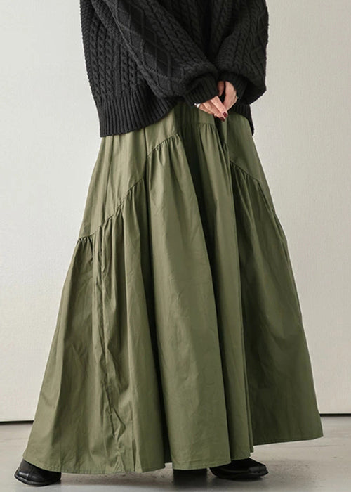 Army Elastic Green Skirt Spring Waist Cotton Loose Wrinkled FashionChic