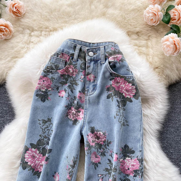 Women Blue Rose Print Wide Leg Denim Pants AR1016 shopify