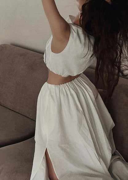 Brief White O-Neck Vest And Side Open Maxi Skirts Two Piece Set Summer AN1010 Genistyle Shop