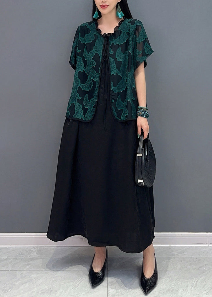 Handmade Green O-Neck Print Fake Two Pieces Long Dress Summer AO1048 JDML-SDLSS240909