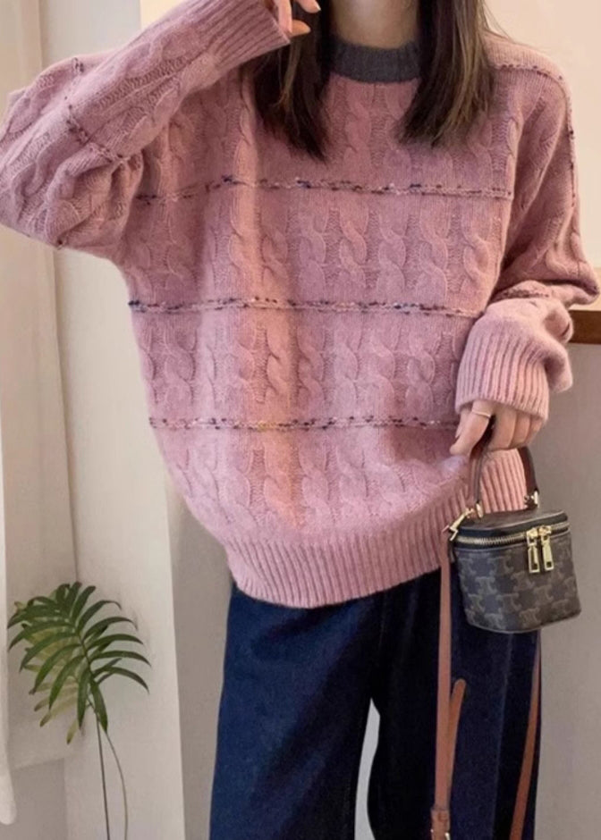 New Pink O Neck Cozy Patchwork Knit Sweaters Fall QX028 shopify