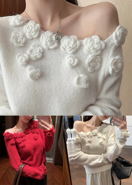 Red Floral Patchwork Knit Sweater Asymmetrical Winter WV006 ABC
