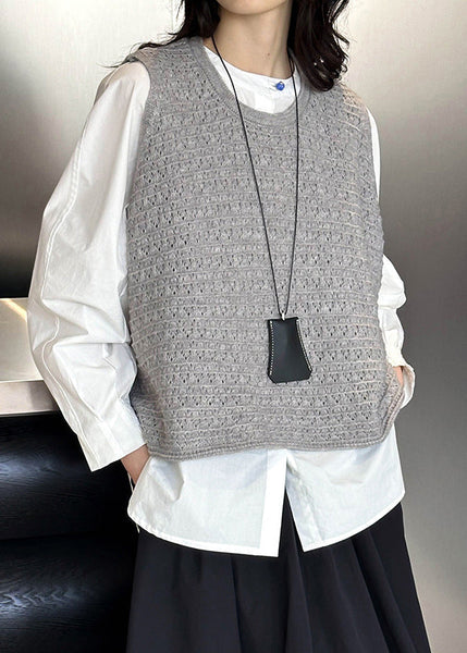 Plus Size Grey O Neck Hollow Out Knit Vest Sleeveless AF1084 HS-VTP240914