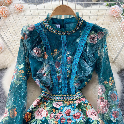 French Green High Neck Lace Stitching Beaded Floral Print Long Sleeve Dress AR1014 shopify