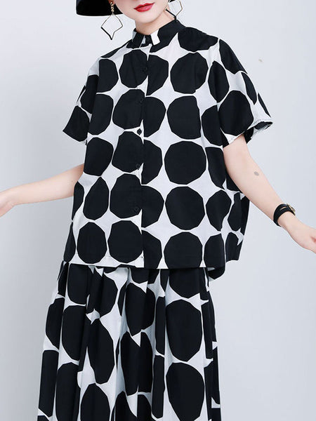 Pockets Neck Mock Black Polka-Dot Stylish High Buttoned Shirt FashionChic