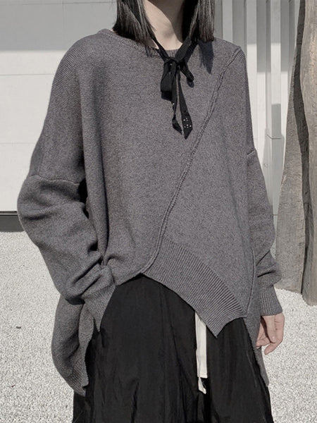 Original Loose Black Round-Neck Batwing Sleeve Irregular Hem Knit Sweater AN1037 Genistyle Shop