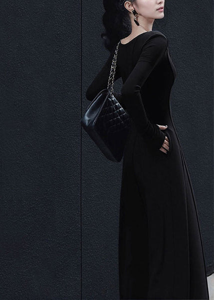 V Spring New Long Fit Black Dress Slim Simple Neck Cotton FashionChic