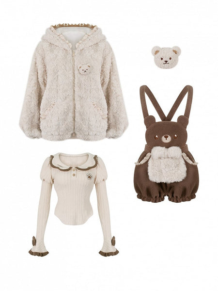 Brown Ear Light Trim Brooch Plush Ruffle Hood Jacket Bear with Kawaii FashionChic