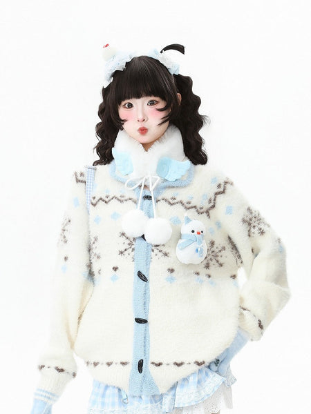 Snow White Christmas Pattern Cardigan Blue with FashionChic