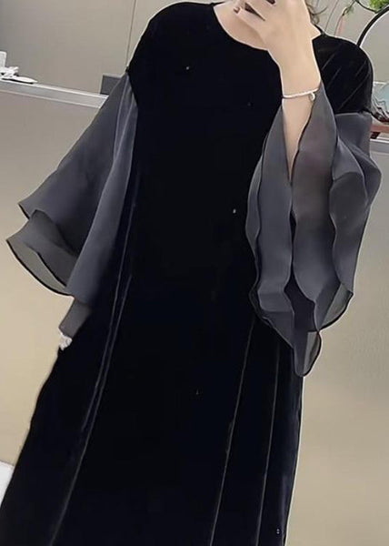 Plus Size Black O-Neck Patchwork Silk Velvet Maxi Dress Butterfly Sleeve WD032 OL-FDL241103