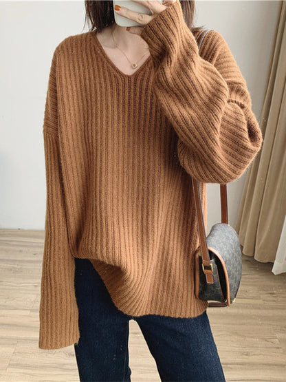 Vintage Caramel V-Neck Long Sleeves Striped Knit Sweater QX001 shopify