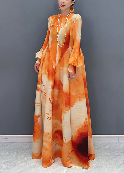 Chic Chiffon Stand Spring Long Orange Dress Wrinkled Collar FashionChic