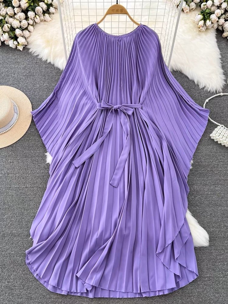 Italian Pink Batwing Sleeve Lace-up Pleated Dress AZ1004 Genistyle Shop