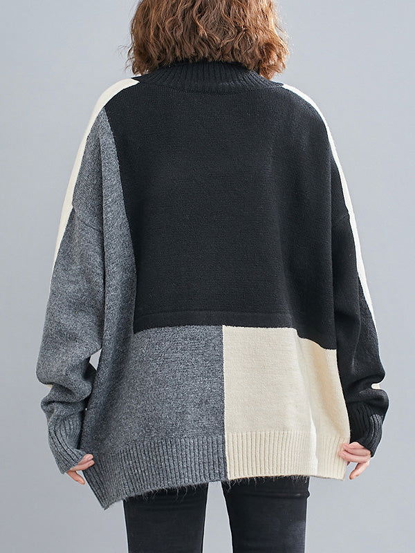 Stylish Grey High-Neck Color-block Long Sleeve Knit Sweater AN1043 Genistyle Shop