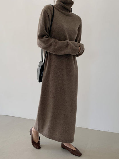 Casual Khaki High-Neck Long Sleeve Sweater Dress AN1061 Genistyle Shop