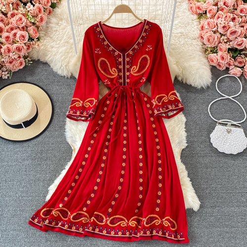 Vintage Green V-neck Tie Waist Flower Embroidery Three-quarter Sleeve A-line Dress AR1022 shopify