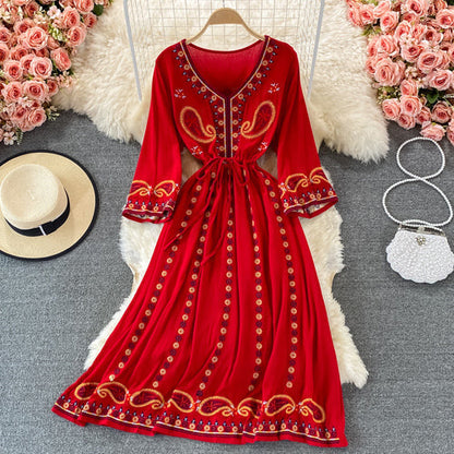 Vintage Green V-neck Tie Waist Flower Embroidery Three-quarter Sleeve A-line Dress AR1022 shopify