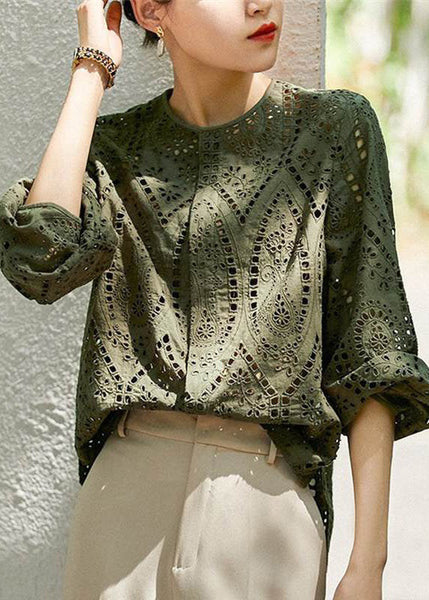 Khaki Out Hollow Blouses Women Sleeve O Light Cotton Long Neck FashionChic
