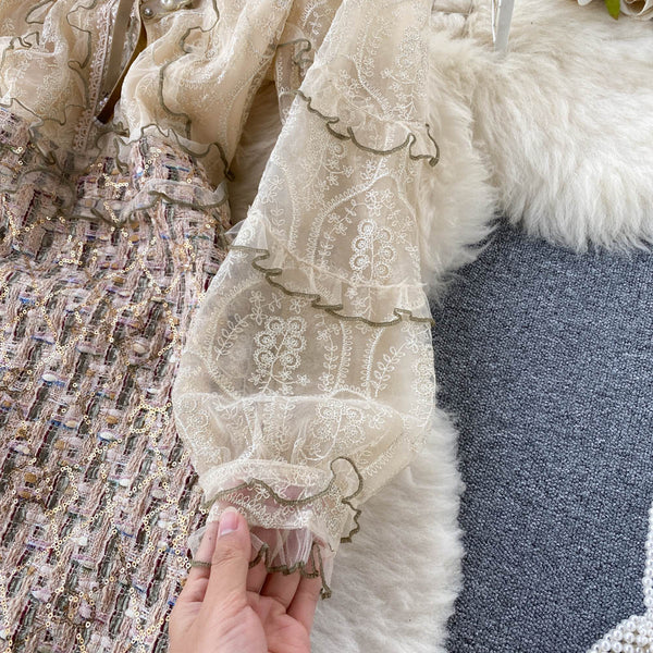 Elegant Khaki Stand Collar Embroidery Lace Long Sleeve Patchwork Sequins Tweed Dress AR1012 shopify