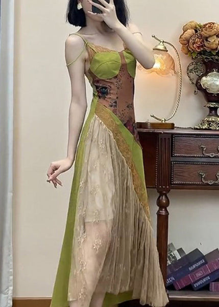 Spaghetti Lace New Green Dress Patchwork Strap Sleeveless FashionChic