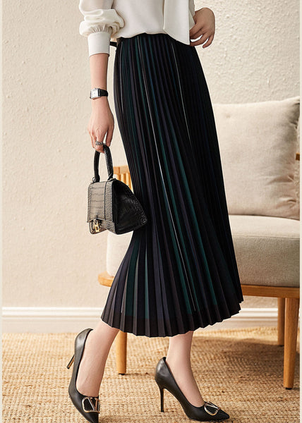 Classy Black Elastic Waist Striped Silk Pleated Skirt Spring AJ1004 shopify