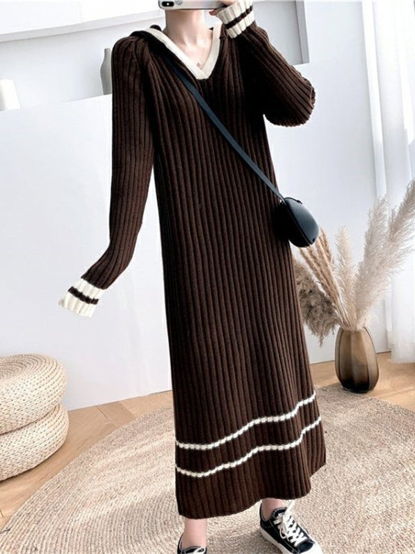 Urban Coffee Hooded V-Neck Long Sleeve Striped Knit Dress AN1051 Genistyle Shop