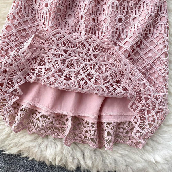 Chic Pink O-neck Hollow Out Lace High Waist Puff Sleeve Mini Dress AR1010 shopify
