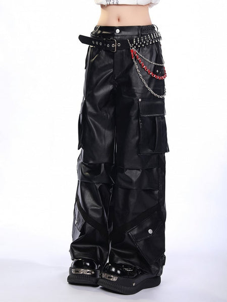 Waistband Pants Techwear Pockets Ruffle Black with Glossy Cargo Partial Tiered Elastic FashionChic