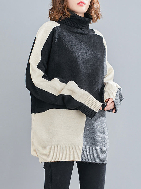 Stylish Grey High-Neck Color-block Long Sleeve Knit Sweater AN1043 Genistyle Shop