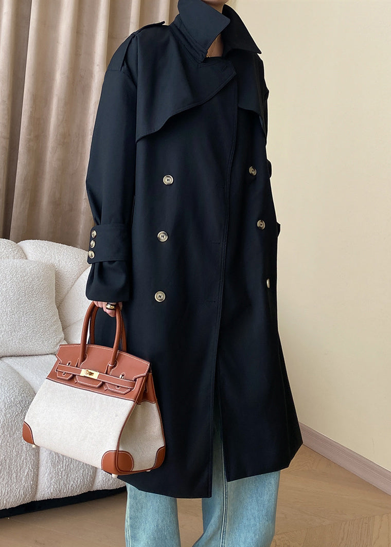 Black Button Cotton Long Trench Coat Peter Pan Collar Fall AF1034 HS-TCT240914