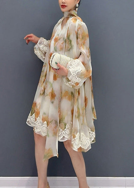 2024 New Stylish Printed Lace Up Mid Dress Long Sleeve AO1021 JDML-FDM240909