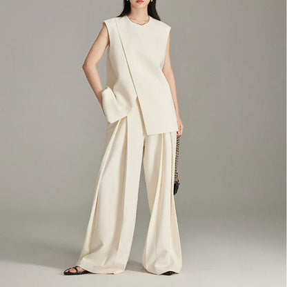 Modern Sleeveless Slit Tunic Top Hem O-neck Cream FashionChic