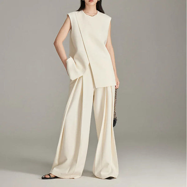 Modern Sleeveless Slit Tunic Top Hem O-neck Cream FashionChic