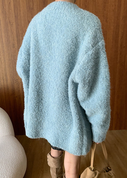 Plus Size Blue V Neck Button Woolen Cardigans Fall WD005 HS-NCT241103