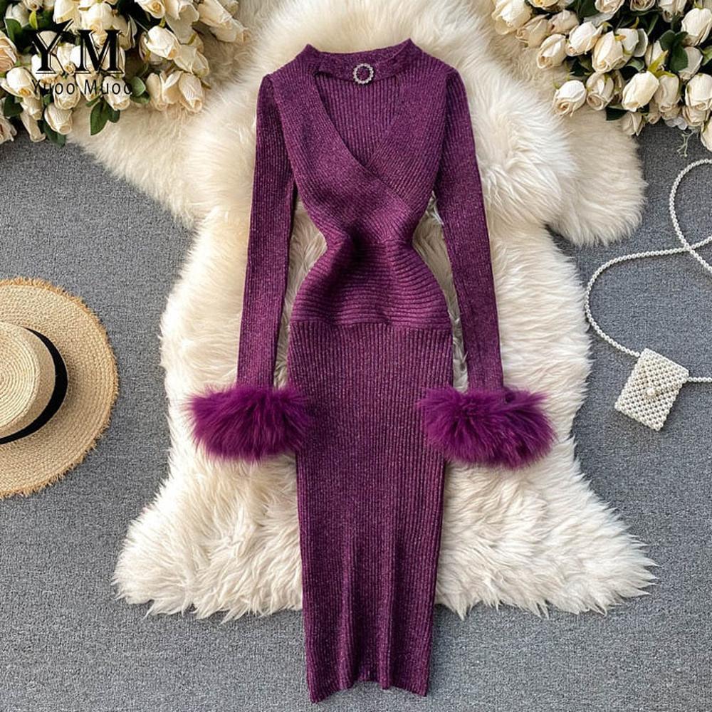 Modern Purple V-neck Hollow Out Halter Long Sleeve With Fur Knit Dress AR1009 shopify