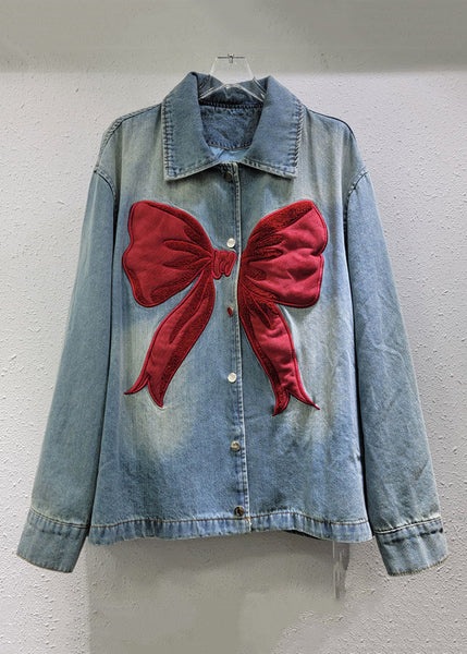 Denim Peter Pan Spring Coat New Button Collar Bow Blue FashionChic