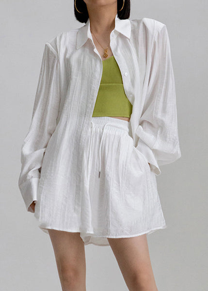 Casual White Peter Pan Collar Shirts And Shorts Two Pieces Set Long Sleeve AN1031 Genistyle Shop