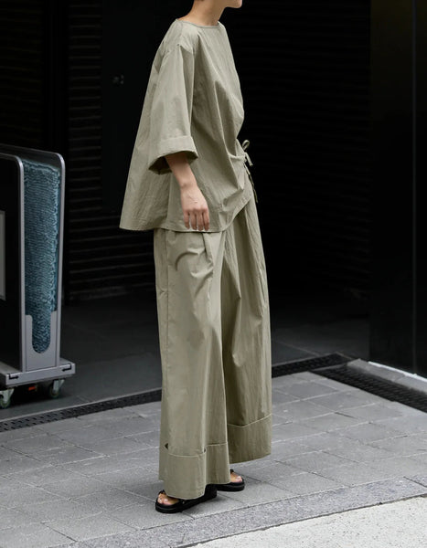 Casual Cotton Top Drawstring Sleeve Khaki Half Asymmetrical FashionChic