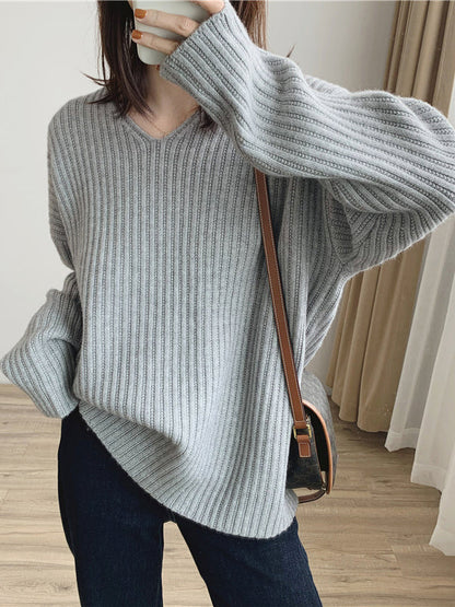 Vintage Caramel V-Neck Long Sleeves Striped Knit Sweater QX001 shopify