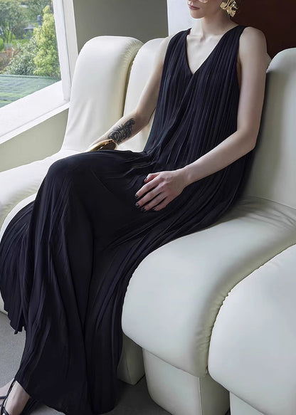 Wrinkled Summer Neck Chiffon Dresses V Long Pockets Black FashionChic