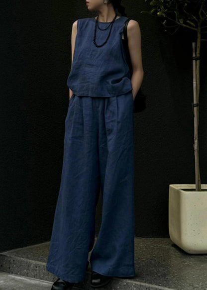 Women Blue Linen Vest And Wide Leg Pants Two Pieces Set Sleeveless AN1026 Genistyle Shop